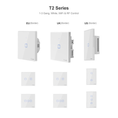 SONOFF T2EU2C-TX – Interrupteur Mural Tactile 2 Canaux Wi-Fi 2,4 GHz & RF 433 MHz , Verre Trempé [Option: Tasmota]