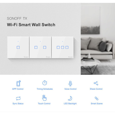 SONOFF T1EU1C-TX – Interrupteur Mural Tactile 1 Canal Wi-Fi 2,4 GHz & RF 433 MHz – Sans Cadre, Verre Trempé [Option: Tasmota]