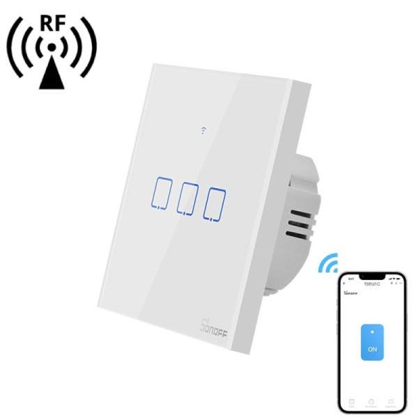 SONOFF T2EU3C-TX – Interrupteur Mural Tactile 3 Canaux Wi-Fi 2,4 GHz & RF 433 MHz , Verre Trempé [Option: Tasmota]