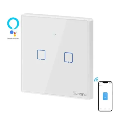 SONOFF T0EU2C-TX – Interrupteur Mural Tactile 2 Canaux Wi-Fi 2,4 GHz– Sans Cadre, Verre Trempé [Option: Tasmota]