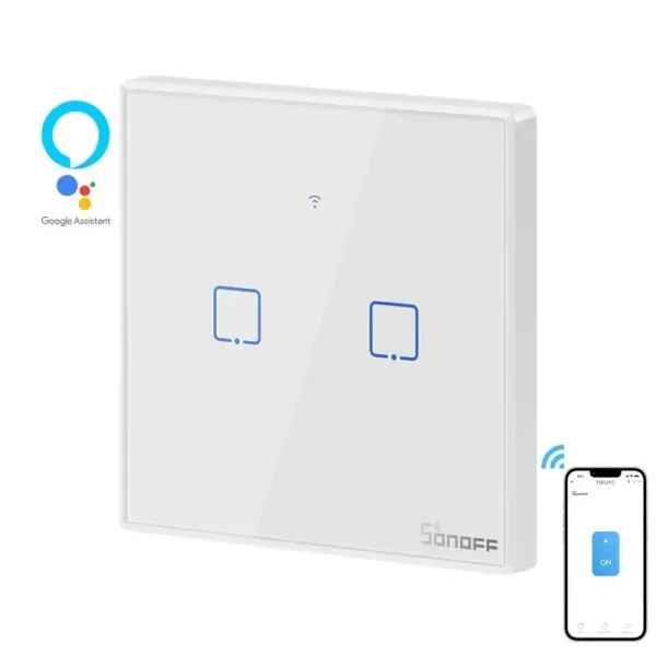 SONOFF T0EU2C-TX – Interrupteur Mural Tactile 2 Canaux Wi-Fi 2,4 GHz– Sans Cadre, Verre Trempé [Option: Tasmota]