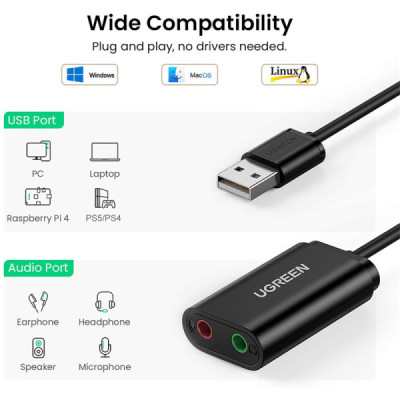 UGREEN Carte Son Externe USBA vers Adaptateur USB vers Jack 3,5mm