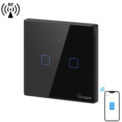 SONOFF T3EU2C-TX – Interrupteur Mural Tactile 2 Canaux Wi-Fi 2,4 GHz & RF 433 MHz , Verre Trempé Noir [Option: Tasmota]