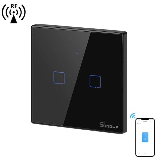 SONOFF T3EU2C-TX – Interrupteur Mural Tactile 2 Canaux Wi-Fi 2,4 GHz & RF 433 MHz , Verre Trempé Noir [Option: Tasmota]
