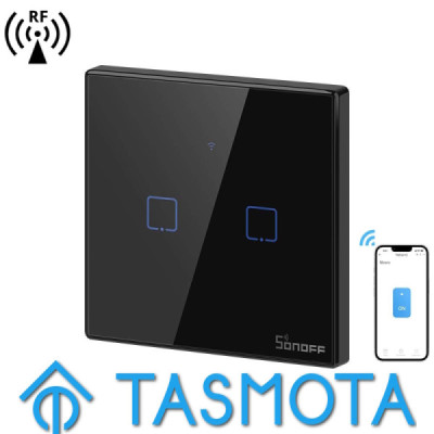 SONOFF T3EU2C-TX – Interrupteur Mural Tactile 2 Canaux Wi-Fi 2,4 GHz & RF 433 MHz , Verre Trempé Noir [Option: Tasmota]