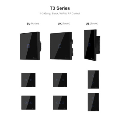 SONOFF T3EU2C-TX – Interrupteur Mural Tactile 2 Canaux Wi-Fi 2,4 GHz & RF 433 MHz , Verre Trempé Noir [Option: Tasmota]