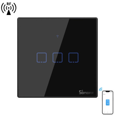 SONOFF T3EU3C-TX – Interrupteur Mural Tactile 3 Canaux Wi-Fi 2,4 GHz & RF 433 MHz , Verre Trempé Noir [Option: Tasmota]