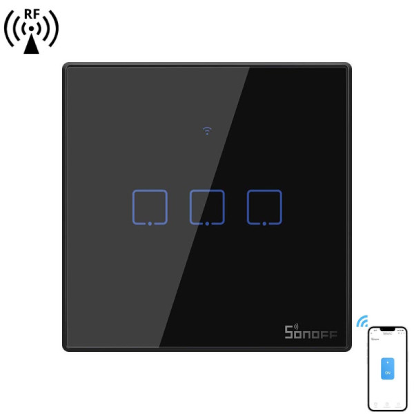 SONOFF T3EU3C-TX – Interrupteur Mural Tactile 3 Canaux Wi-Fi 2,4 GHz & RF 433 MHz , Verre Trempé Noir [Option: Tasmota]