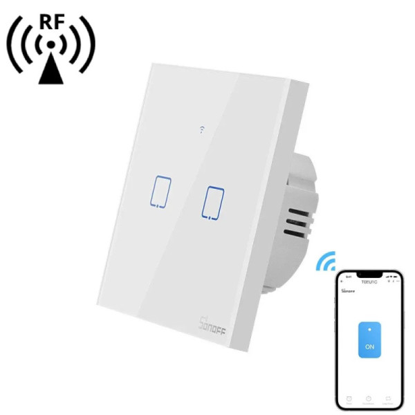 SONOFF T1EU2C-TX – Interrupteur Mural Tactile 2 Canaux Wi-Fi 2,4 GHz & RF 433 MHz – Sans Cadre, Verre Trempé [Option: Tasmota]